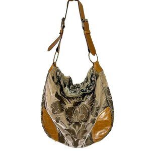 Glenda Gies L Tapestry Shoulder Bag Floral Chenille Mosaic Neutral Taupe